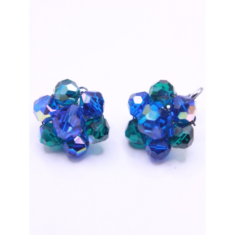 Vintage Midcentury Laguna Blue And Green Aurora Borealis Clip On Earrings